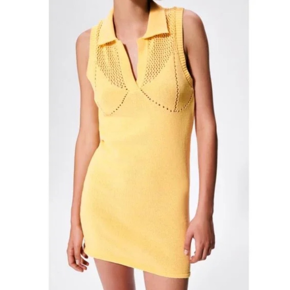 Zara Perforated Mini Yellow Sweater Sleeveless Dress